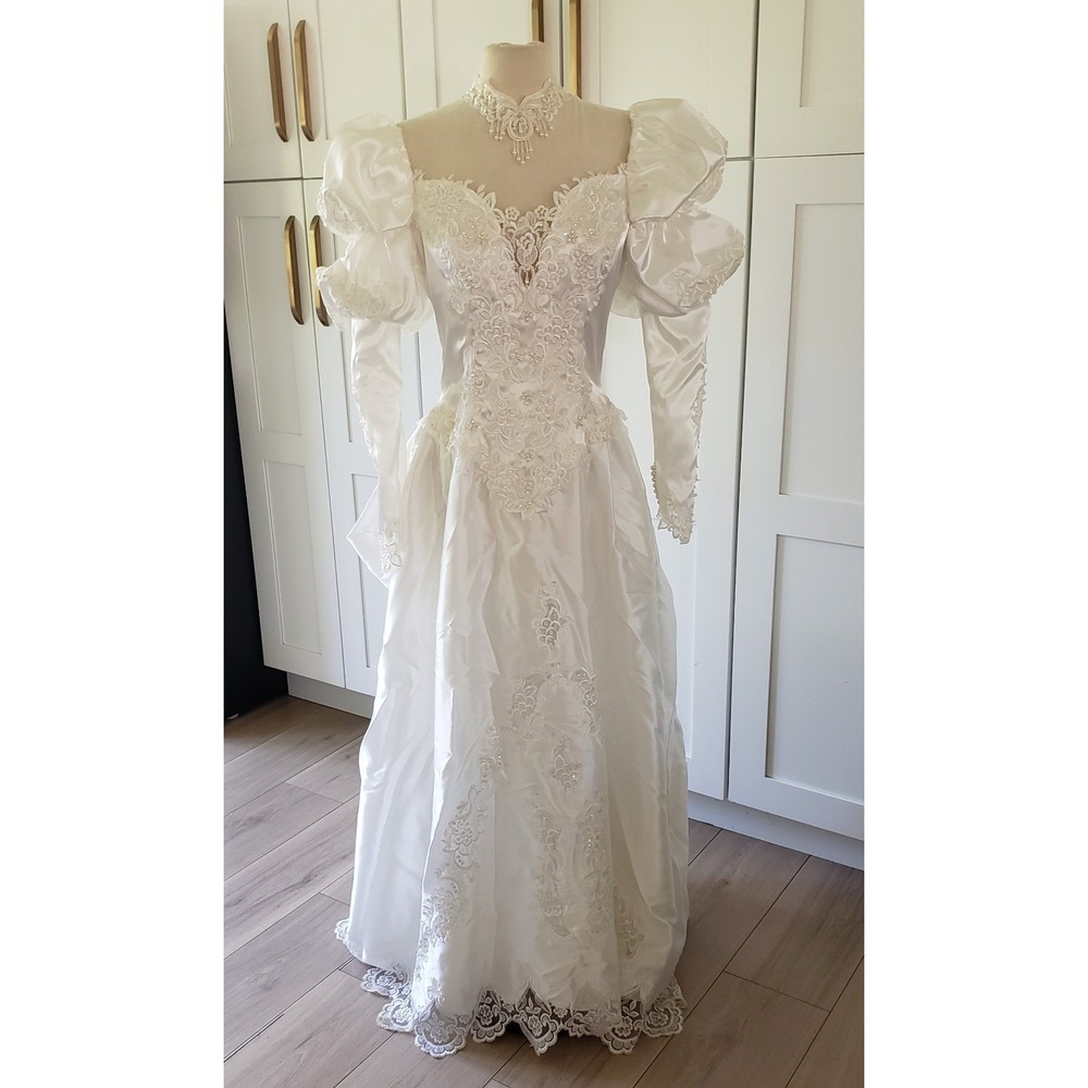 Vintage Wedding Dress Womens White Satin Lace Beaded 80s Victorian Bridal Gown